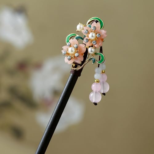 qbodp 2 Stück Haarspangen Aus Holz Für Damen, Chinesische Haarstäbchen Für Dutts, Dekorative Stäbchen Mit Blumenperlen Haarschmuck Ästhetische Haarnadeln von qbodp