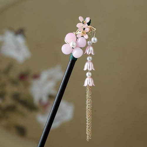 qbodp 2 Stück Haarspangen Aus Holz Für Damen, Chinesische Haarstäbchen Für Dutts, Rosa Blumenquastenkette Dekorative Essstäbchen Haarschmuck Ästhetische Haarnadeln von qbodp