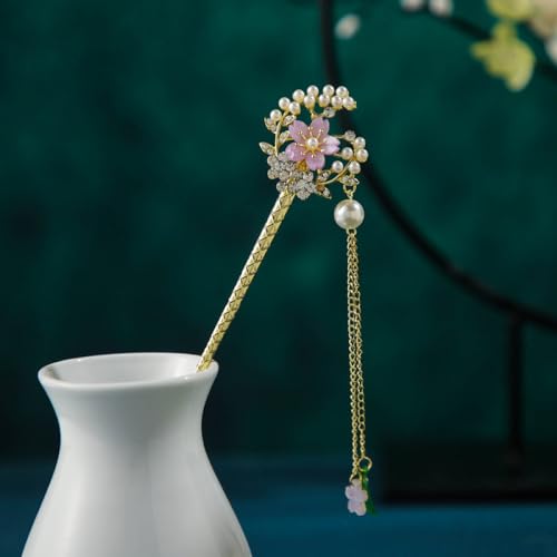 qbodp 2 Stück Haarstäbchen Haarspangen Für Damen, Chinesische Haarstäbchen Für Dutts, Blumenquastenkette Dekorative Essstäbchen Haarschmuck Ästhetische Haarnadeln von qbodp