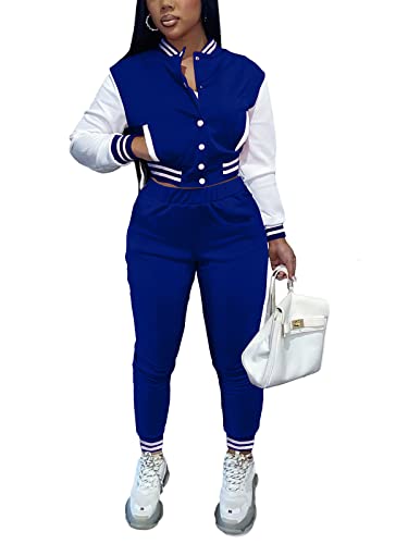 qfmqkpi Damen Casual Varsity Jacke Sweatsuit Patchwork Button Down Jacken Hose 2 Stück Trainingsanzug, A-blau, Small von qfmqkpi