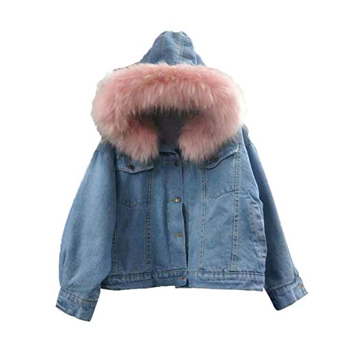 qianele Winterjacke Damen, Herbst Und Winter Neue Koreanische Hut-Baumwolljacke Verdickte Und Fleeched Kurze Jean-Jacke Mode Große Borstenkragen-Baumwolljacke von qianele