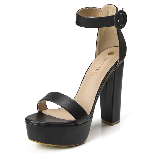 qibusleen 5,1-Zoll-Runde offene Zehe schwarz Plattform Sandalen für Frauen bequem, Frauen-Block Chunky High Heels Knöchelriemen, Braut Hochzeit Party Abend Prom Tanz Dressy Pumpe Schuhe-39 von qibusleen