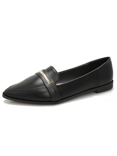 qibusleen Bequeme Leder Wildleder Slip On Loafer Flats für Frauen Casual Arbeit Flache Schuhe Frauen Spitzen Zehe Penny Loafers Büro Fahren Ballett Flats - 38.5 Schwarz Pu von qibusleen