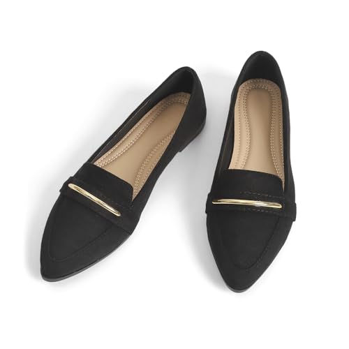qibusleen Bequeme Schlupfschuhe aus Wildlederimitat für Damen, flache Arbeitsschuhe, spitzer Zehenbereich, lässige Ballerinas, Büro, Fahren, Retro-Mokassins, Schwarz, 40 EU von qibusleen