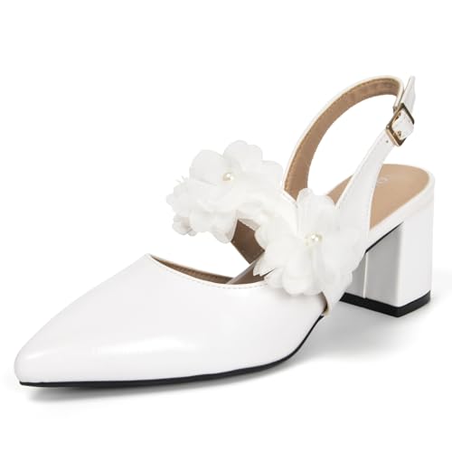 qibusleen Bequeme weiße Slingback-Heels für Frauen Brautgast Geschlossene Elegante Pumps mit Perlenblumenriemen 2,3 Zoll niedriger Blockabsatz Party- und Abendschuhe von qibusleen