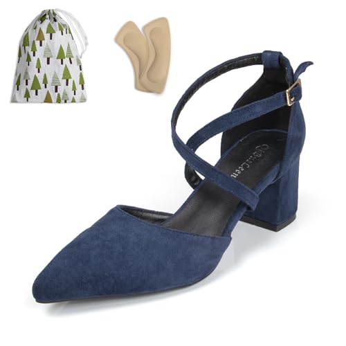 qibusleen Cross Strappy Heels für Frauen Spitze geschlossene Zehe Knöchelriemen D'Orsay Pumps 2 Inch Low Chunky Block Suede PU Leder Heels Bequem Dressy Formal Schuhe - 41 von qibusleen