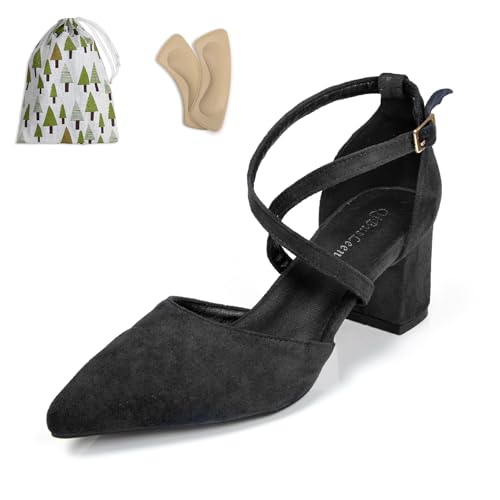 qibusleen Cross Strappy Heels für Frauen Spitze geschlossene Zehe Knöchelriemen D'Orsay Pumps 2 Inch Low Chunky Block Suede PU Leder Heels Bequem Dressy Formal Schuhe - 43 von qibusleen