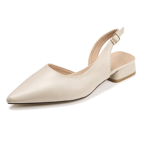 qibusleen Damen 1,06-Zoll Low Chunky Slingback Heels, Klassische Geschlossene Spitze Blockabsatz Pumps Schuhe für Frauen, Hochzeit Abendkleid Sommer Party Schuhe-Beige-42.5 von qibusleen