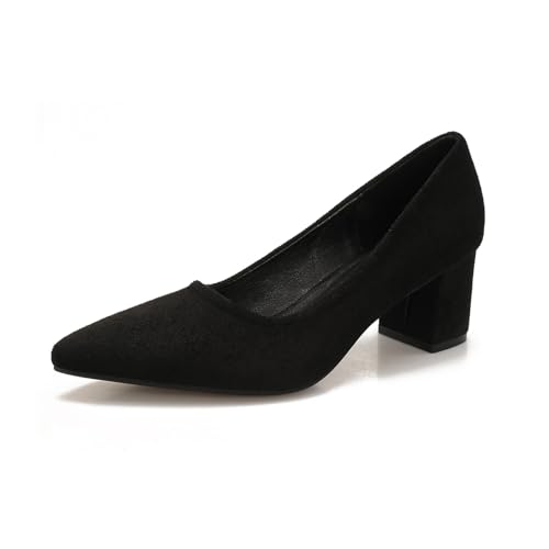 qibusleen Damen Chunky Block Heel Glitter Pointed Toe Classic Dress Pumps Slip On Closed Toe Mid Heels für Frauen Büro Hochzeit Partei täglich Damen Schuhe 2.4 Inch - 43 Schwarz Wildleder von qibusleen