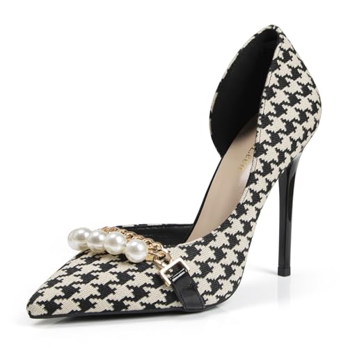 qibusleen Damen Elegante Perle geschlossen Zehe Stiletto Heels, Bridal Dressy Pointed Toe Pumps Schuhe mit niedlichen Metallkette & Plaid Stoff, Hochzeit Party Prom High Heels für Frauen 10.5CM - 38 von qibusleen