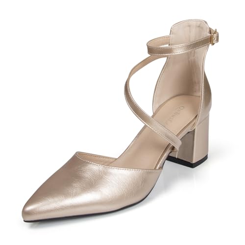 qibusleen Damen Elegante Riemchen Absätze Spitze Zehe Knöchelriemen Sandale Heels für Frauen Geschlossene Zehe 2 Inch Low Block Chunky D'Orsay Pumpen Hochzeit Party Dressy Schuhe - 39 von qibusleen