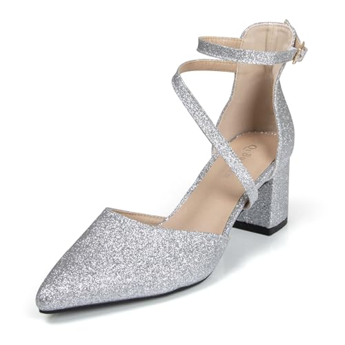 qibusleen Damen Elegante Riemchen Absätze Spitze Zehe Knöchelriemen Sandale Heels für Frauen Geschlossene Zehe 2 Inch Low Block Chunky D'Orsay Pumpen Hochzeit Party Dressy Schuhe - 44 von qibusleen