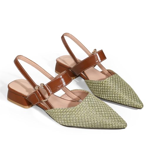 qibusleen Damen Geschlossen Spitze Zehe Kreuz Riemen Slingback Fersen, Low Chunky Block Heeled Sandalen Pumps für Frauen Casual Kleid Niedlich Metall Ring gewebt Slip On Schuhe-Grün-39 von qibusleen