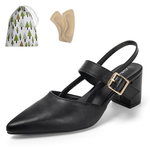 qibusleen Damen Geschlossen Spitze Zehe Sling Back Heels Bequem 2.3 Inch Low Block Heeled Cross Strappy Mule Pumps Backless Slip-on Kleid Schuhe mit Verstellbarer Schnalle - 37.5 von qibusleen