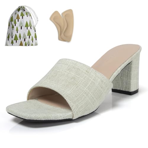 qibusleen Damen Heeled Mules Slip-On Sandalen Absatz Quadratisch Offene Zehe Ein Band Rutschen Sandalen für Frauen Abschlussball Party Dressy Komfort Casual Mules Schuhe - 37 von qibusleen