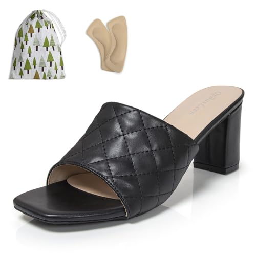 qibusleen Damen Heeled Mules Slip-On Sandalen Absatz Quadratisch Offene Zehe Ein Band Rutschen Sandalen für Frauen Abschlussball Party Dressy Komfort Casual Mules Schuhe - 38 von qibusleen