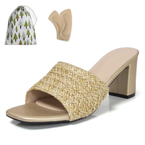 qibusleen Damen Heeled Mules Slip-On Sandalen Absatz Quadratisch Offene Zehe Ein Band Rutschen Sandalen für Frauen Abschlussball Party Dressy Komfort Casual Mules Schuhe - 39.5 von qibusleen