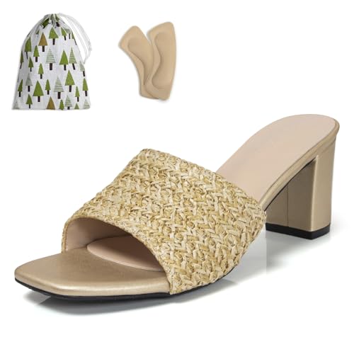 qibusleen Damen Heeled Mules Slip-On Sandalen Absatz Quadratisch Offene Zehe Ein Band Rutschen Sandalen für Frauen Abschlussball Party Dressy Komfort Casual Mules Schuhe - 41.5 von qibusleen