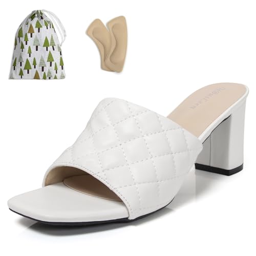 qibusleen Damen Heeled Mules Slip-On Sandalen Absatz Quadratisch Offene Zehe Ein Band Rutschen Sandalen für Frauen Abschlussball Party Dressy Komfort Casual Mules Schuhe - 41.5 von qibusleen