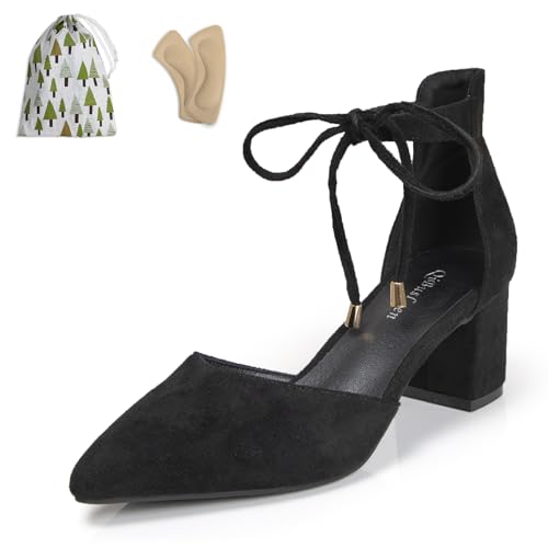qibusleen Damen Knöchel Riemchen Heels Spitze Geschlossene Zehe Dressy Wildleder Pumps mit Schleife Damen Hochzeit Party Bequem 2 Inch Low Chunky Blöcke D'Orsay Heels - 44 von qibusleen