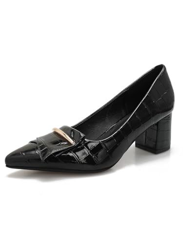 qibusleen Damen Krokodil Muster Blockabsatz Pumps mit Schleife Slip On Geschlossen Spitz Zehe Niedrige Dicke Absätze für Frauen Damen Büro Party Business Kleid Schuhe 2.36 Inch Heeled-38 von qibusleen