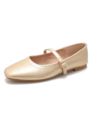 qibusleen Damen Mary Jane Wohnung Schuhe Quadratische Zehe Dressy Ballett Wohnung für Frauen Soft Slip On Gold Braun Flats Tägliche Party Büro Schuhe mit einfachen Schnalle-38 von qibusleen