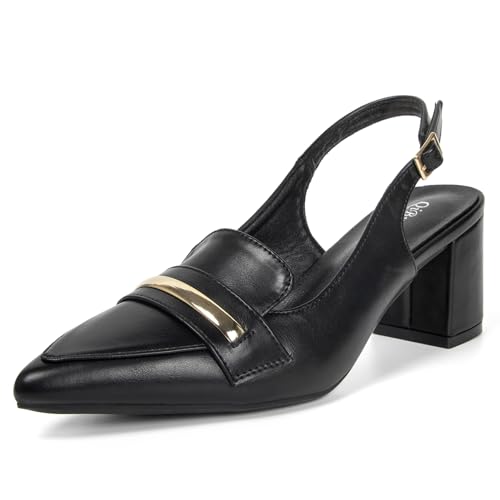 qibusleen Damen-Slingback-Loafer mit dickem Blockabsatz, geschlossener Zehenpartie, Fesselriemchen und offener Ferse, Pumps für Damen, niedrige Absätze mit weichem goldenem Kunststoff von qibusleen