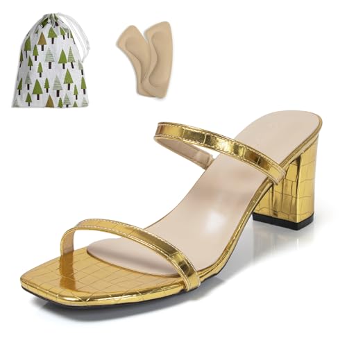 qibusleen Damen Zwei Riemen Quadratische Zehensandalen Slip On Mules Sandale Damen Chunky Heel Sommerschuhe für Urlaub Strand Comfy Casual Pumps - 40.5 von qibusleen