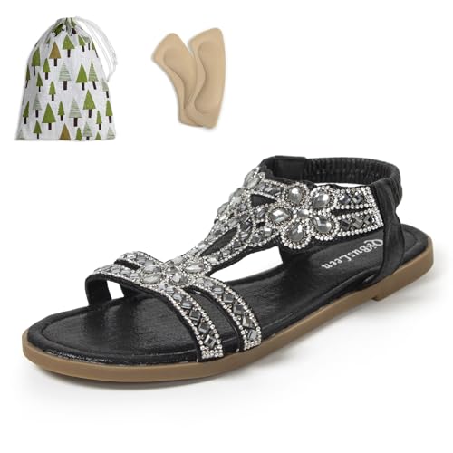 qibusleen Damen flache Sandalen Slip On Sandale mit Strass Damen Sommerschuhe für Urlaub Strand bequeme Freizeitschuhe - 44 von qibusleen