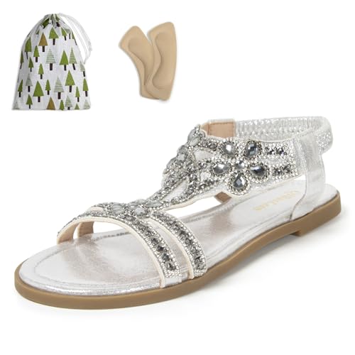 qibusleen Damen flache Sandalen Slip On Sandale mit Strass Damen Sommerschuhe für Urlaub Strand bequeme Freizeitschuhe - 44 von qibusleen