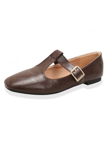qibusleen Frauen Slip On T-Strap Mary Jane Flats Low Chunky Heel Comfy Runde Zehe Flache Schuhe für Frauen Arbeit Dressy Einstellbare Strap Ballett-Flats-Braun-38 von qibusleen
