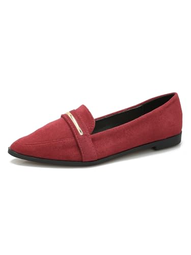 qibusleen Komfortable Leder Wildleder Slip On Loafer Flats für Frauen Casual Arbeit Flache Schuhe Frauen Spitze Zehe Penny Loafers Büro Fahren Ballett Flats Schuhe - Rot-39 von qibusleen