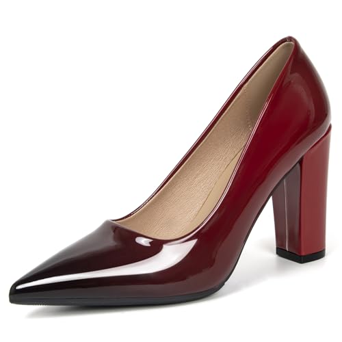 qibusleen Rot Farbverlauf Damen High Heels mit spitzem Zehenabsatz und blockförmigem Absatz, 3,7 Zoll geschlossene Spitze Pumpsen Elegant und bequem für alle Gelegenheiten von qibusleen