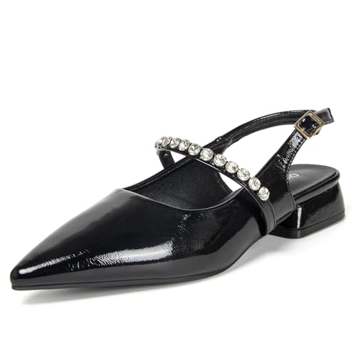 qibusleen Schwarz Lackleder Damen Pumps mit Strassbesatz und Keilabsatz - Elegant und bequem für Büro & Freizeit von qibusleen