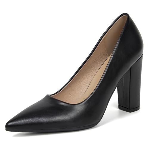 qibusleen Schwarze Leder Damenschuhe mit spitzem Zehenbereich und blockförmigem Absatz - Elegante Schuhe für den Büroalltag und besondere Anlässe von qibusleen
