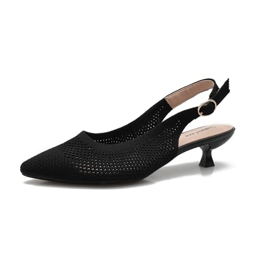 qibusleen Slingback Kitten Heels für Frauen Pointed Closed Toe Knitted Slingbacks Bequeme Frauen Knöchelriemen Kleid Slingback Low Kitten Pumps Schuhe, Party Arbeit - Schwarz - 38 von qibusleen