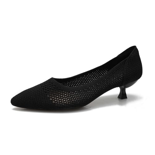 qibusleen Slip On Kitten Pumps für Frauen Casual Spitzen Toe Knit Heels Damen Low Kitten Heels Treffen täglich Kleid Schuhe atmungsaktiv Mesh - Schwarz - 37 von qibusleen