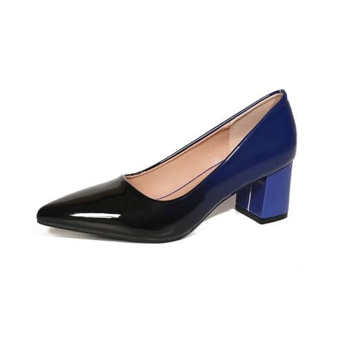 qibusleen Slip On Patent Leder Low Block Pumps für Frauen Komfortable 2.36 Inch Court Schuhe Frauen geschlossen Pointy Toe Chunky Heels Zwei-Ton-Arbeit Kleid Pumpe Schuhe-Blau-37.5 von qibusleen