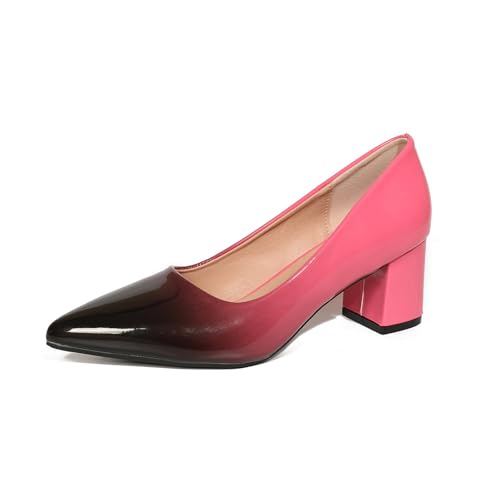 qibusleen Slip On Patent Leder Low Block Pumps für Frauen Komfortable 2.36 Inch Court Schuhe Frauen geschlossen Pointy Toe Chunky Heels Zwei-Ton-Arbeit Kleid Pumpe Schuhe-Rosa-38 von qibusleen