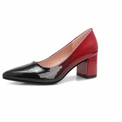 qibusleen Slip On Patent Leder Low Block Pumps für Frauen Komfortable 2.36 Inch Court Schuhe Frauen geschlossen Pointy Toe Chunky Heels Zwei-Ton-Arbeit Kleid Pumpe Schuhe-Rot-41 von qibusleen