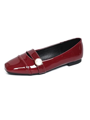 qibusleen Square Cap Toe Ballet Flats für Frauen Sexy Weinrot Kleid Wohnung mit Perle Strap Womens Slip On Lackleder Flats Ballerinas Schuhe - 40.5 von qibusleen