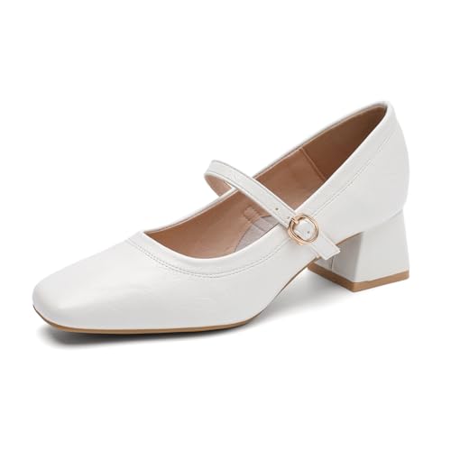 qibusleen Weiche Leder Mary Jane Pumps für Damen 1,7 Zoll niedrige Blockabsätze von qibusleen