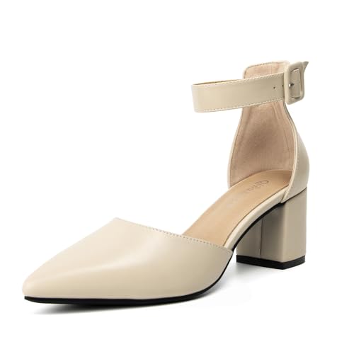 qibusleen Womens niedrigem Blockabsatz Sandale Knöchelriemen Geschlossene Spitze Zehenpartie Schuhe Schnalle Slip On Sandalen für Party Dressy Hochzeit Schuhe-Beige Pu-37.5 von qibusleen