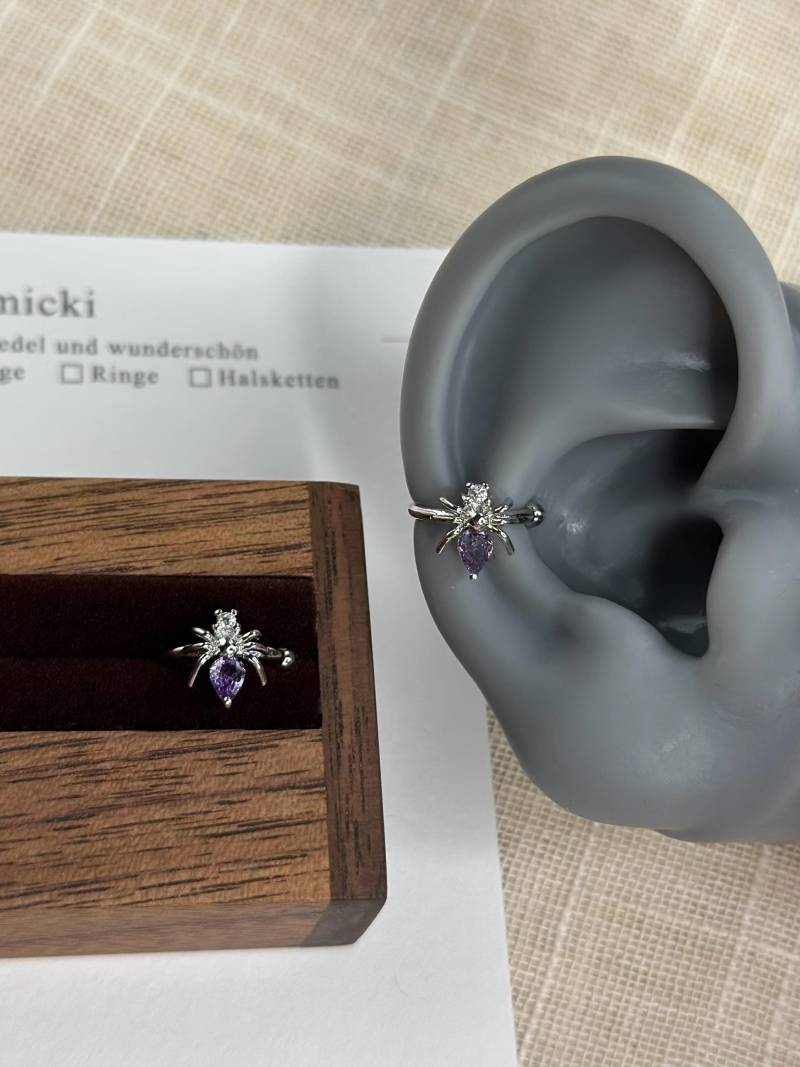 Spider Ear Clip With Purple Crystal - Single Cuff Without Piercing Gothic Jewelry Silver Clip-On Earring | 1 Piece Spider Ear Clip With Purple Crystal - Single Cuff Without Piercing Gothic Jewelry Silver Clip-On Earring | 1 Piece von qickimickiDE