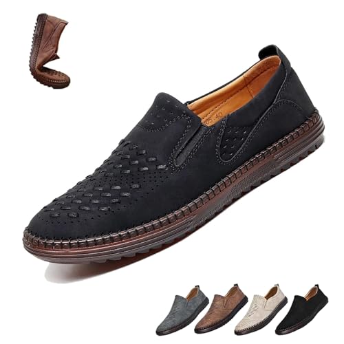 qiheng Orthopädische Slipper aus Leder for Herren, rutschfeste, Flache, atmungsaktive Business-Casual-Fahrschuhe mit Fußgewölbeunterstützung(Black,49 EU) von qiheng