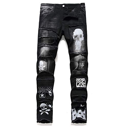 qingtianzhuxinxikejiyouxiangongsi Herren Jeans Ripped Slim Fit Schwarz Skinny Mode Denim Jeans Hose Durable Biker - Schwarz - 34W / 32L von qingtianzhuxinxikejiyouxiangongsi