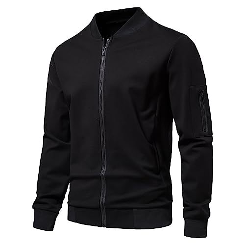 Sweatjacke Herren Ohne Kapuze Männer Laufen und Gym Luftdurchlässig Lässigem Sportief Loose fit Einfarbig Übergrößen Bequem Klassisch Baumwolle Fleecejacke (Black, L) von qinhanjia