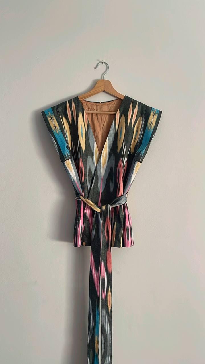 Handmade Cotton Wrap Vest Boho Kimono Jacket Festival Top One-Of-A-Kind Ikat Chapan Artisan Slow Fashion von qoqonlabel