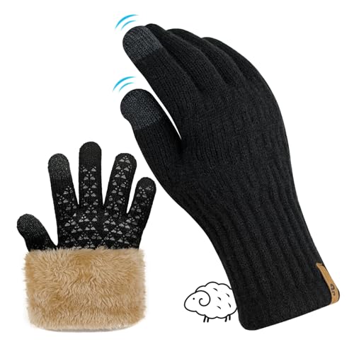qpyysz Handschuhe Herren Damen Winter Warm Freezer Thermo Schwarze Handschuhe Merino Wolle Doppelschicht Fleece Touchscreen Outdoor Strickhandschuhe Rutschfeste Fleecefutter (black l-xl) von qpyysz