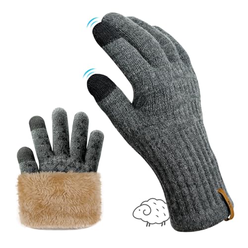 qpyysz Handschuhe Herren Damen Winter Warm Freezer Thermo Schwarze Handschuhe Merino Wolle Doppelschicht Fleece Touchscreen Outdoor Strickhandschuhe Rutschfeste Fleecefutter (gray s-m) von qpyysz